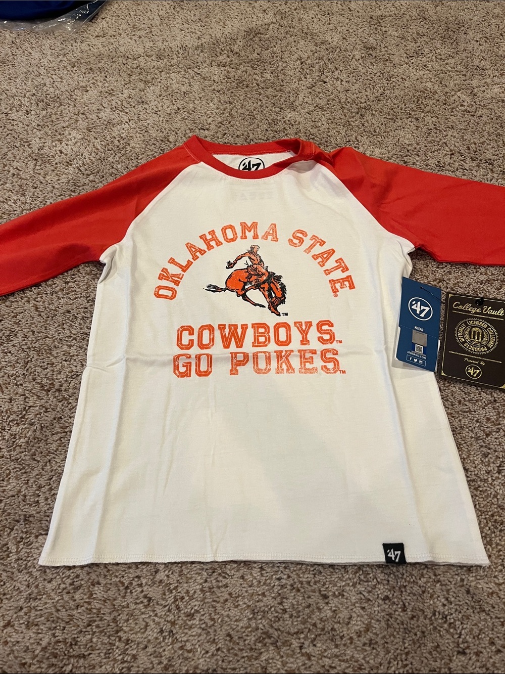 47 Kids Oklahoma State Cowboys White Tee with Orange Raglan Sleeves